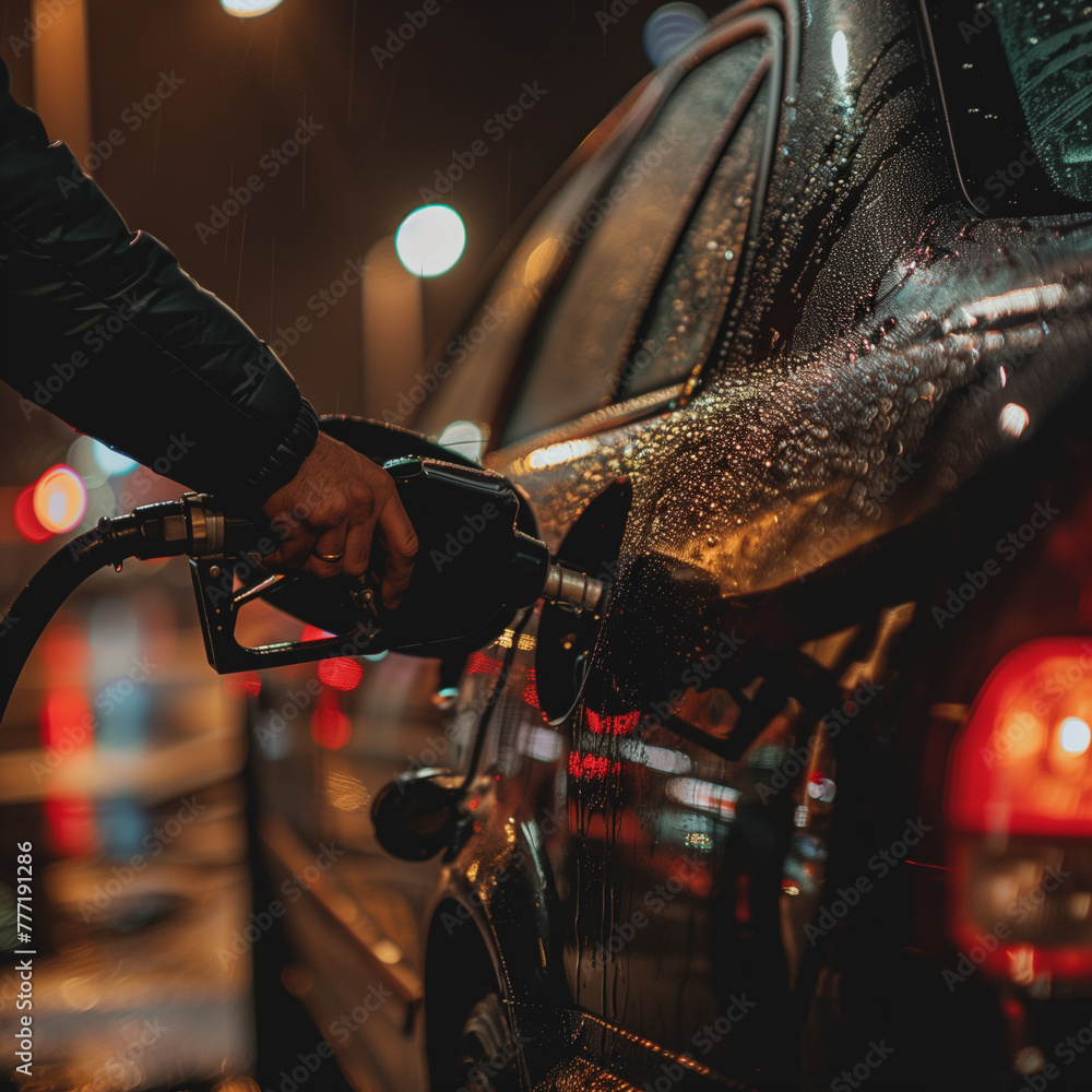 A person refueling a car at night, illuminated by vibrant city lights. - obrazy, fototapety, plakaty 