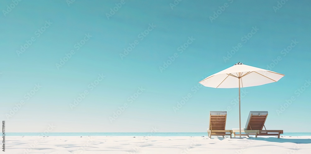 3d rendering of two beach chairs and umbrella on white sand at the bottom right side, clear blue sky background