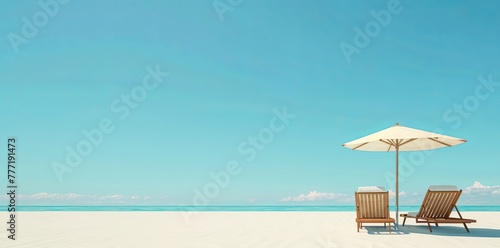 3d rendering of two beach chairs and umbrella on white sand at the bottom right side  clear blue sky background