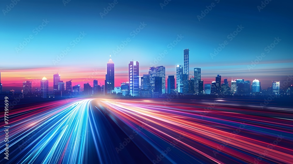 Fototapeta premium A city skyline with skyscrapers and flowing light trails. blurred motion effect. blue gradient sky, cityscape skyline in the style of urban technology. For Design, Background, Cover, Poster, PPT