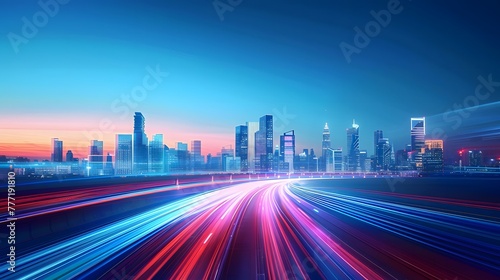 A city skyline with skyscrapers and flowing light trails. blurred motion effect. blue gradient sky, cityscape skyline in the style of urban technology. For Design, Background, Cover, Poster, PPT