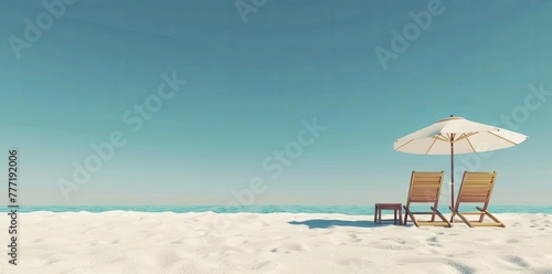 3d rendering of two beach chairs and umbrella on white sand at the bottom right side  clear blue sky background