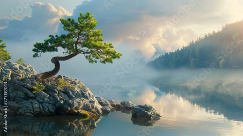 Serene juniper tree perched on a rocky cliff overlooking a tranquil lake. © CREATER CENTER