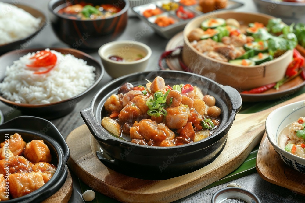 A table set with Asian dishes in ceramic bowls, emphasizing the steamy, aromatic allure of home-cooked meals A table set with Asian dishes in ceramic bowls, emphasizing the steamy, aromatic allure of home-cooked meals