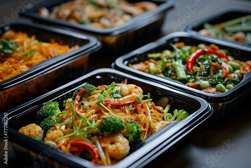 Exquisite thai takeaway cuisine in modern plastic containers showcasing a blend of authentic flavors and contemporary style