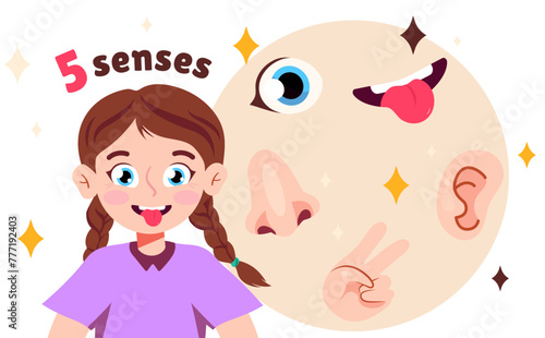 Human senses. Set of 5 senses in cartoon character card. Sight, smell, touch, hearing, and taste explained with coloful card. Flat vector illustration, isolated on white background.