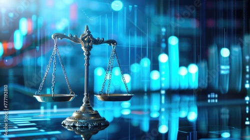 Law scales on blurred background of analytics data, statistics, graphs and charts. Concept of economic balance, financial success, audit or market growth