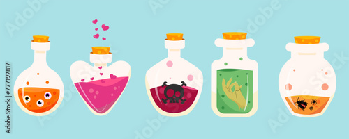 Set of Bottles with magic potion, alchemy elixir or poison. Vector cartoon set of glass jars with corks and different color liquid potions isolated on blue background