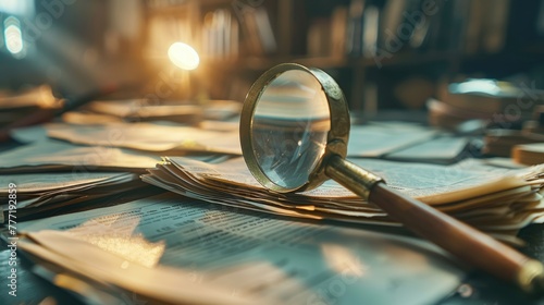 Magnifying glass and documents with analytics data lying on table. Background with statistics, graphs and charts. Concept of economic balance, financial success, audit or market growth