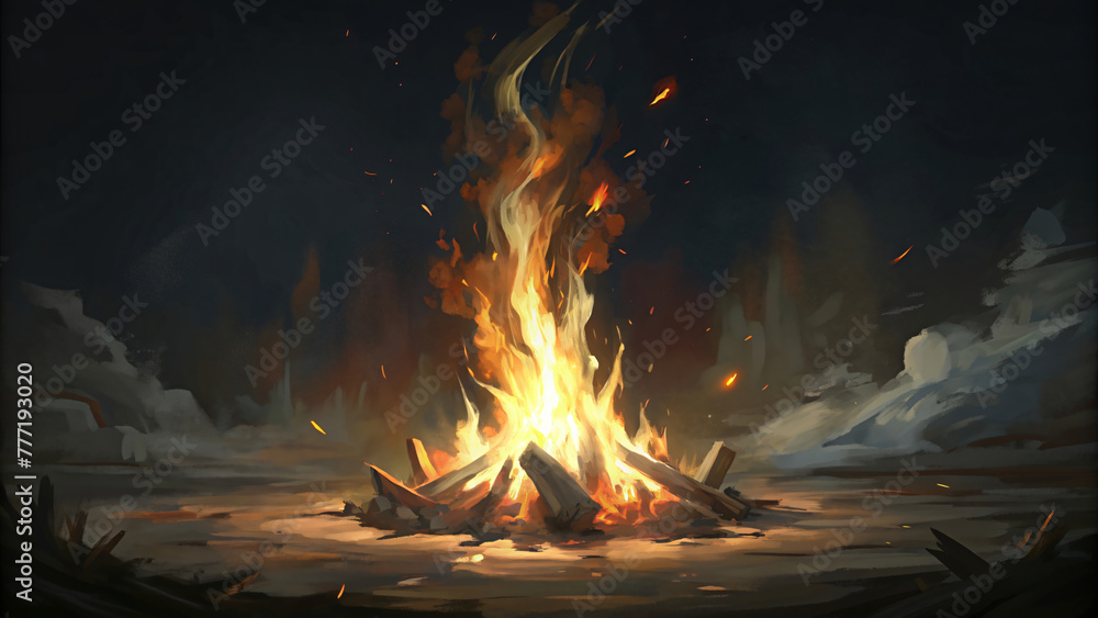 A blend of forest and fireplace fires illuminating the night with red, orange, and yellow flames amidst dark surroundings, emitting warmth and energy