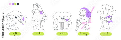 Quirky characters 5 Sense organs. Line transparent shapes. Cute funny mascots with eyes, hands, legs. Contemporary style. Isolated elements, design templates. Hand drawn modern Vector illustration