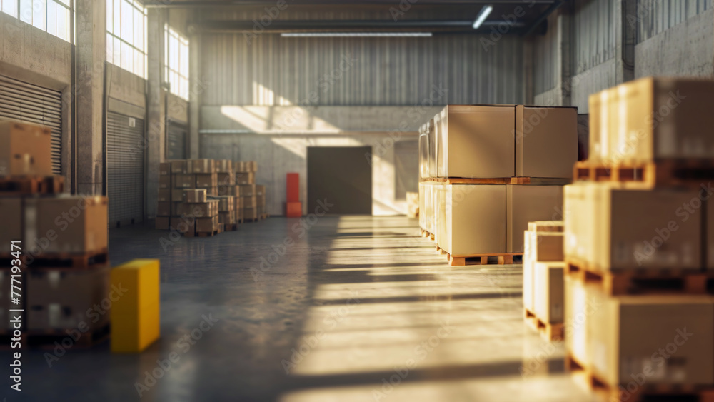 Stacks of cardboard boxes in a warehouse line up in an organized array. Concept of modern logistics, order, efficiency, storage, and distribution in the backdrop of a functional industrial space Stacks of cardboard boxes in a warehouse line up in an organized array. Concept of modern logistics, order, efficiency, storage, and distribution in the backdrop of a functional industrial space