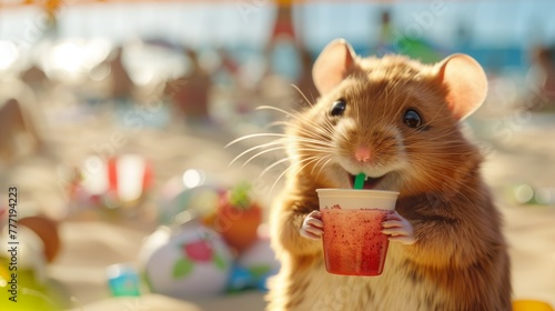 A hamster sipping from a smoothie cup with a straw on a sandy beach surrounded by colorful beach toys and umbrellas.