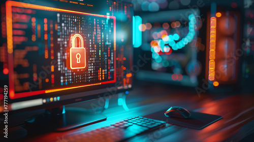 A padlock icon superimposed on a computer screen, representing secure online transactions and data protection High detailed,high resolution,realistic and high quality photo professional photography photo
