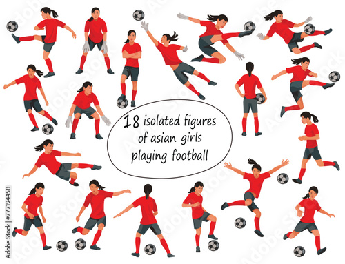 18 isolated figures of Asian junior women s football teem girl players in various poses in red T-shirts