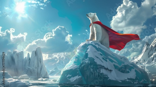 A polar bear in a red cape stands majestically on an iceberg, evoking imagery of a superhero in a frozen wilderness.