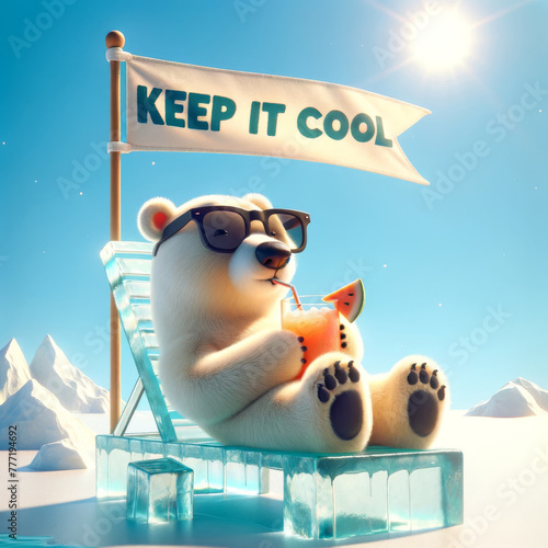 A whimsical 3D illustration of a polar bear wearing sunglasses, lounging on an ice chair, sipping a beverage, with a "KEEP IT COOL" flag, against a snowy mountain backdrop. © Moopingz