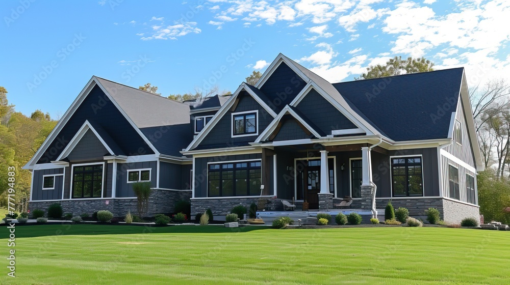 Fototapeta premium Luxury suburban home with a modern design, landscaped lawn, and clear blue sky.