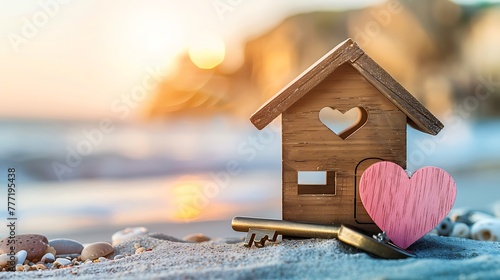 Wooden model house with key and pink wooden heart over blurred beach background