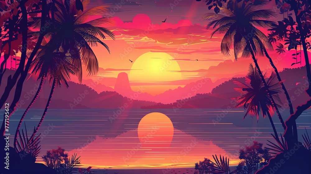 Tropical sunset with palm trees and sea vector illustration background banner design for summer