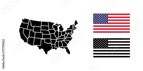 USA map with states. USA flag. Vector icons