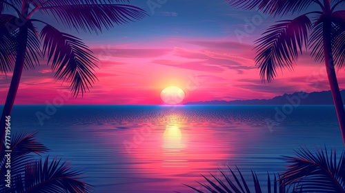 Tropical sunset with palm trees and sea vector illustration background banner design for summer © K'kriang Krai