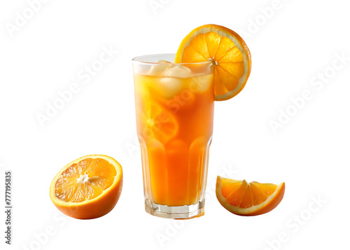 A cup of orange juice with slices orange on transparent background