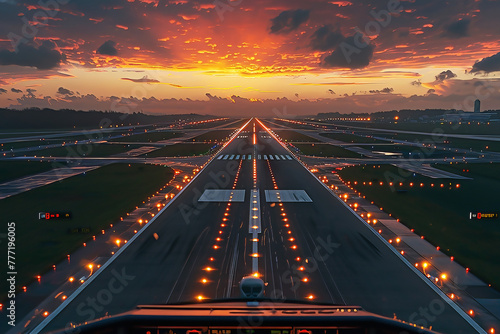 View of a landing runway at sunset through the windscreen of a large aircraft.