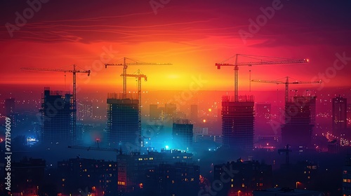 Construction crane, lighting a construction site at night, building a residential building, beautiful night shot of a construction site