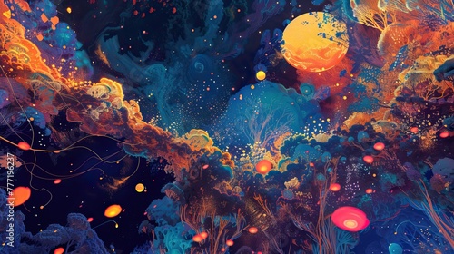 Vibrant abstract cosmic background with colorful nebulae, glowing stars, and a bright moon.