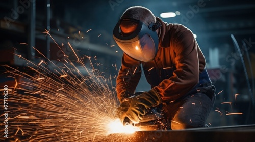 a man using grinder Cutting to cut metal in the factory