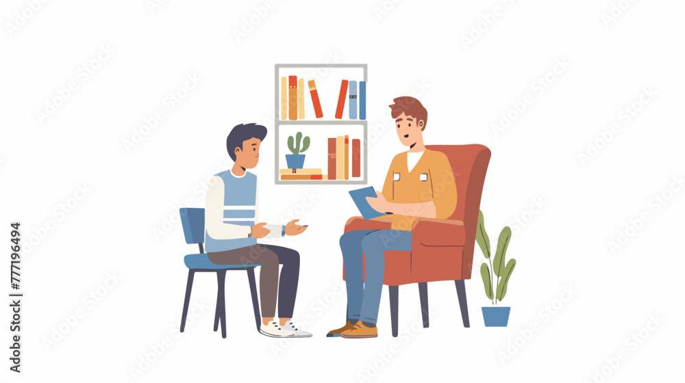 Psychologist working with teenage boy in office flat Vector
