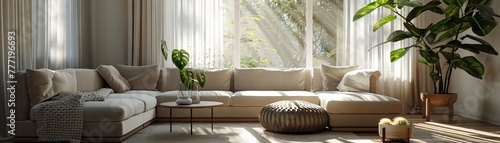 Scandinavian living room with neutral tones, clean lines, and natural light filtering through sheer curtains, super realistic