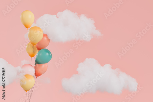 colorful balloons among clouds on a pastel pink background