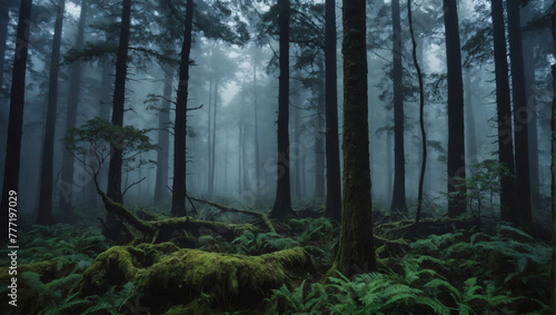 A dense forest shrouded in mist, where ancient trees loom mysteriously. photo
