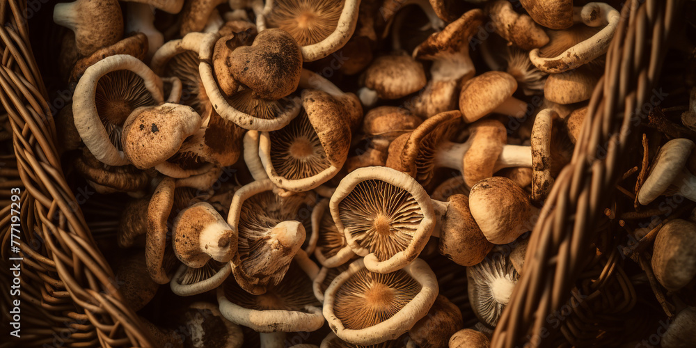 top view close up of a mushroom basket are displayed on the garden сreated with Generative Ai top view close up of a mushroom basket are displayed on the garden сreated with Generative Ai