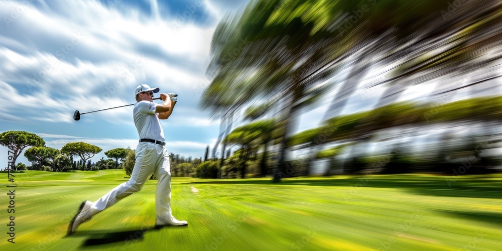 A golfer swinging his club at a golf club in motion - obrazy, fototapety, plakaty 