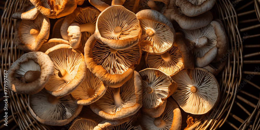 top view close up of a mushroom basket are displayed on the garden сreated with Generative Ai top view close up of a mushroom basket are displayed on the garden сreated with Generative Ai