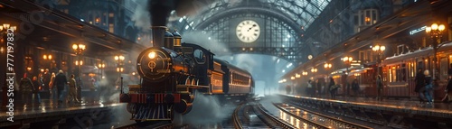 Historic train station with antique clocks, steam locomotives, and excited travelers, 3D render photo