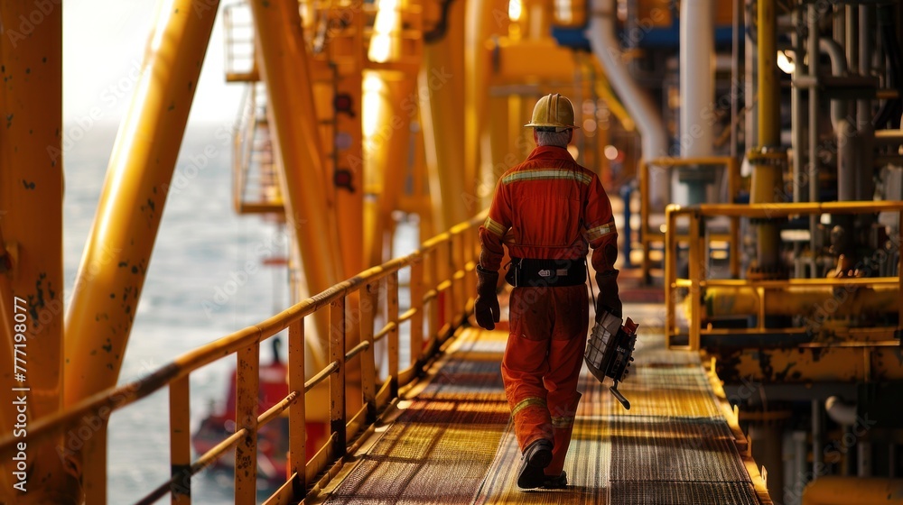 A man in an offshore oil rig work uniform is walking towards an oil and gas factory.
