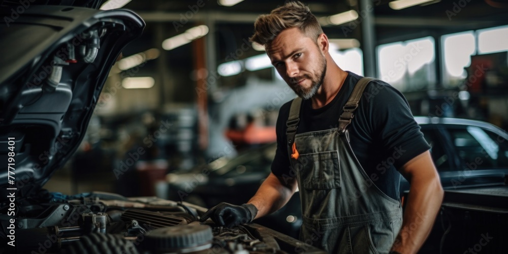 Auto mechanic works with broken engine in mechanic or auto repair shop. Auto mechanic works with broken engine in mechanic or auto repair shop.