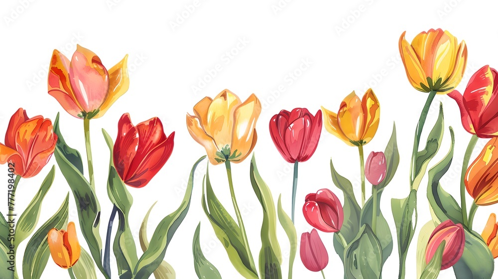 Vibrant Tulips in Bloom, Artistic Watercolor Illustration. Beautiful Floral Background for Spring. Ideal for Greeting Cards. AI