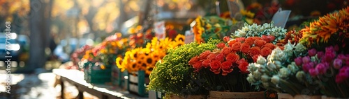 Bustling farmers market with fresh produce, flower bouquets, and handmade signs, ultra HD
