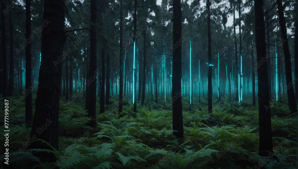 A futuristic forest with electrified foliage. A futuristic forest with electrified foliage.