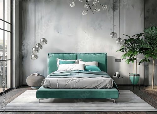 Modern bedroom with turquoise bed  white walls and striped carpet stock photo contest winner  bedroom interior design magazine cover  industrial interior design