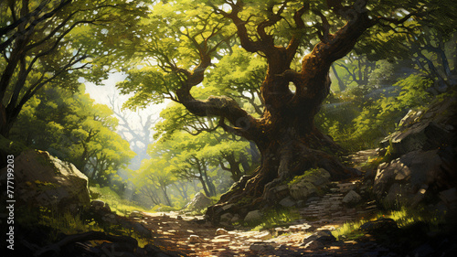 Towering oak tree standing majestically in a sunlit forest.