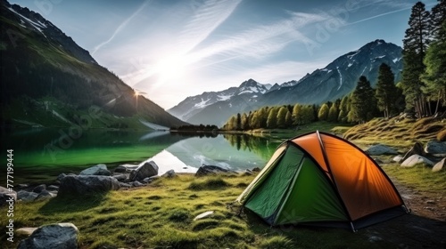 Camping beside a secluded mountain lake photo