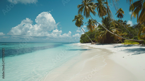 Tranquil beach with powdery white sand, crystal-clear waters, and swaying palm trees. © CREATER CENTER