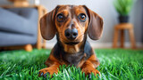 Cute dachshund dog with big expressive eyes lying on green artificial grass indoors, with a blurred background of a cozy room.