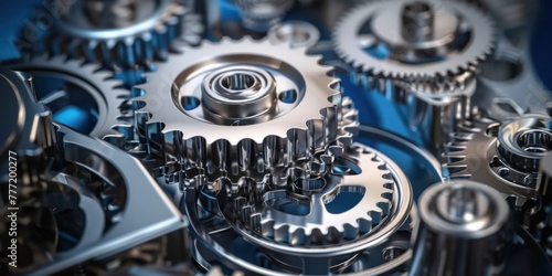 Engine silver gears wheels rotating animation. Blue Background.